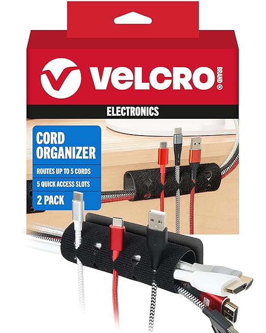 VELCRO Brand Cord Organizer for Desk & Nightstand, Valentine’s Gift for Him, 5 Cable Slots with Sleeve Routing, Adhesive Wire Holder for Cord Management, Home, Office & Gaming, Black 2 Pack