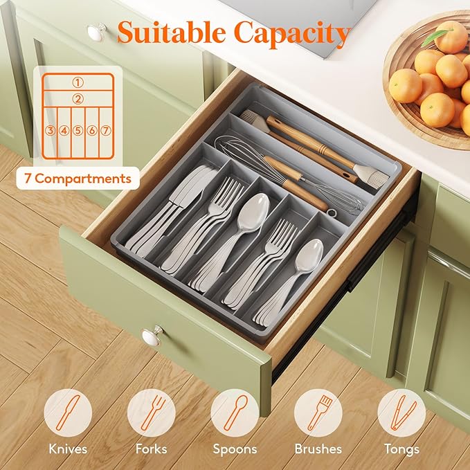 Lifewit Silverware Drawer Organizer Tray, Plastic Cutlery Storage for Kitchen, Flatware and Utensil Holder Divider for Spoons Forks Knives Tableware, 12.3 x 16", 7 Slots, Gray