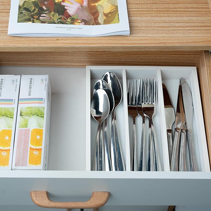 Silverware Organizer Bamboo Kitchen Drawer Organizer, Flatware Organizer Tray for Kitchen, Flatware, Utensils(White)