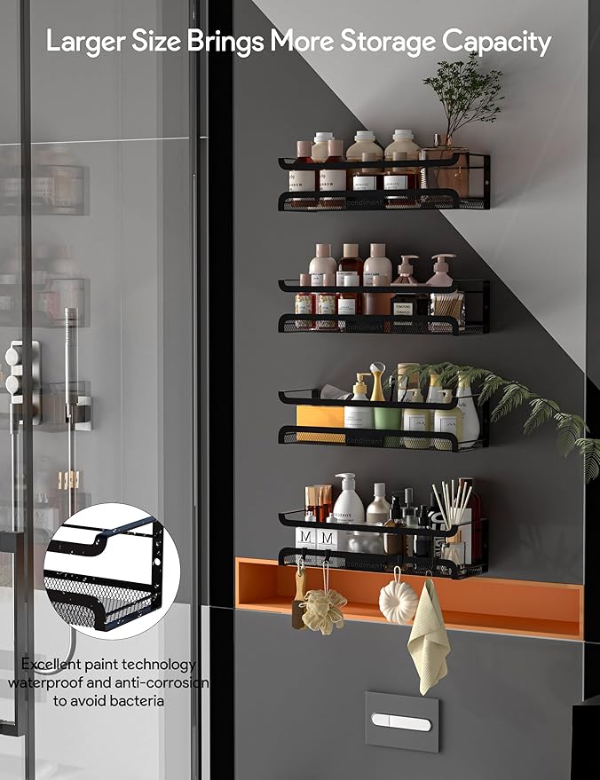 Spice Rack Wall Mount with Hooks - Spice Racks Organizer for Cabinet Storage, Wall Mounted Hanging Shelf Seasoning Organizer, for Kitchen, Pantry Door, Bathroom (Black, 2 Pack)