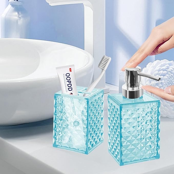 2PCS Cyan Bathroom Accessories. Contain Soap Dispenser and Toothbrush Holder Set. Boho Bathroom Set for Blue Bathroom Décor
