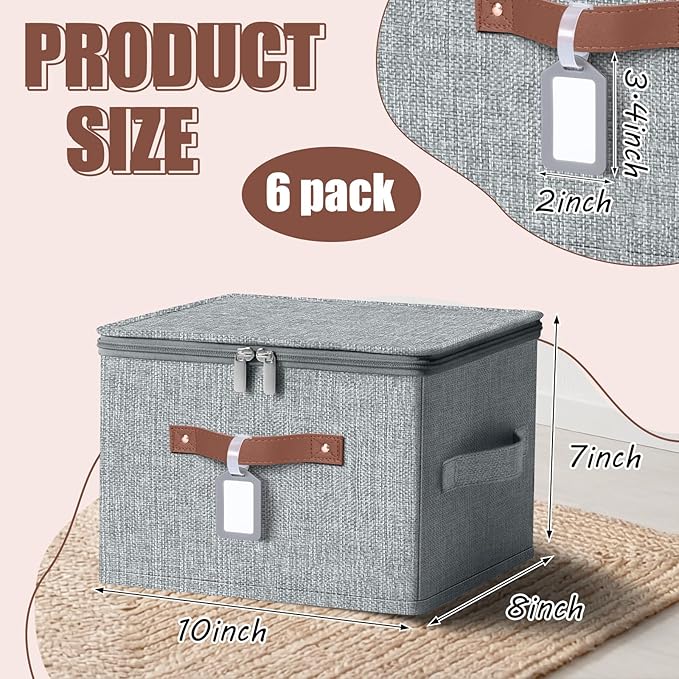 Fiwochic 6 Pack Fabric Storage Bins with Lids, 10x8x7Inch Foldable Cotton Linen Storage Boxes with PU Leather Handles and Label Holders for Closet, Bedroom, Shelf, Nursery, Gray