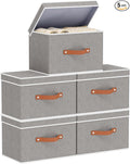 YheenLf Collapsible Boxes, Linen Foldable Storage Bins with Lids, 15 x 9.8 x 9.8 Inch Storage Baskets with Double Handles, Grey, 5-Pack