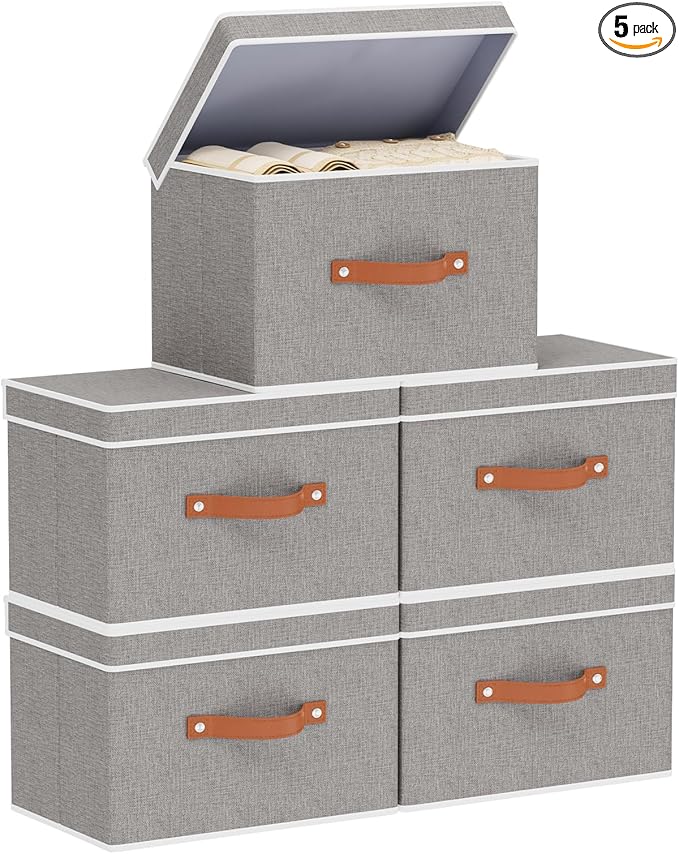 YheenLf Collapsible Boxes, Linen Foldable Storage Bins with Lids, 15 x 9.8 x 9.8 Inch Storage Baskets with Double Handles, Grey, 5-Pack