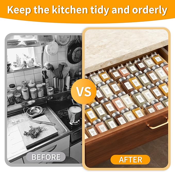QUEENKAY Expandable Bamboo Spice Drawer Organizer, 4 Tier Spices Rack for Cabinet, Kitchen Seasoning Organization Storage Insert (Jars Not Included, From 12" to 22" Wide)