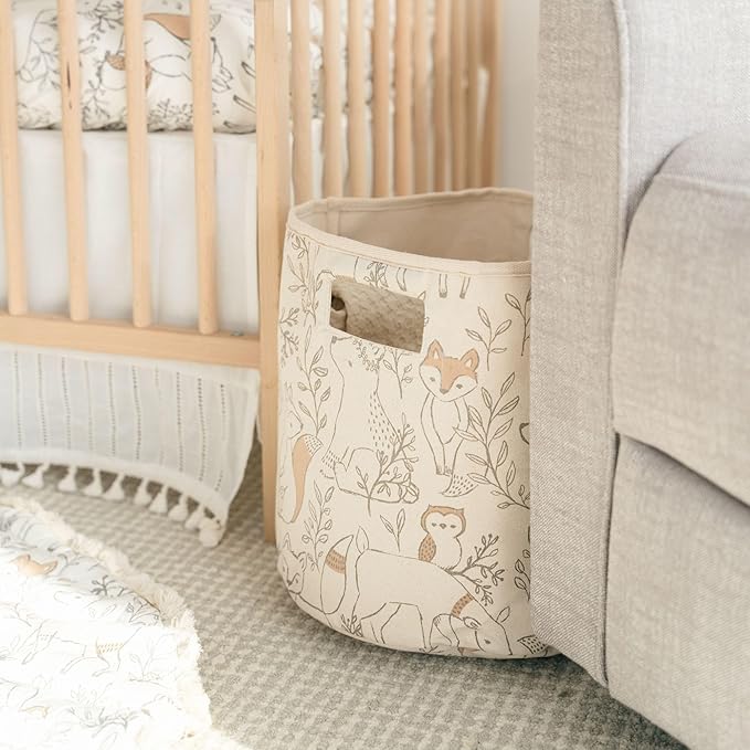 Crane Baby Woodland Nursery Basket, Animal Nursery Decor, Fabric Storage Bin, Collapsible Forest Decor, Hamper with Handles for Toys, Laundry, and Baby Items