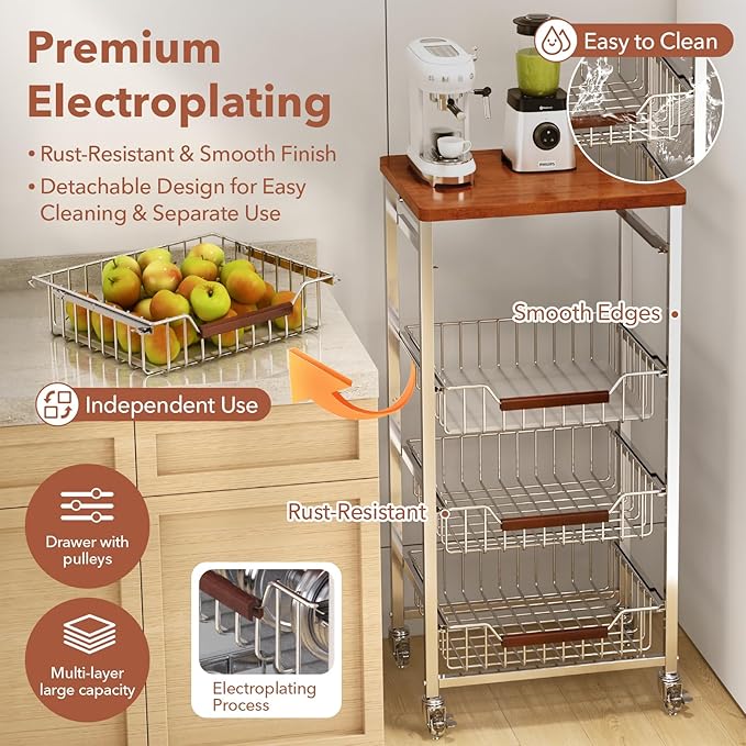 5-Tier Rolling Fruit & Vegetable Storage Cart with Drawers, Extra-Thick Metal Kitchen Organizer Cart on Wheels, Fruit Basket Stand& Fruteros para Cocina, Narrow Pantry Cart for Storage