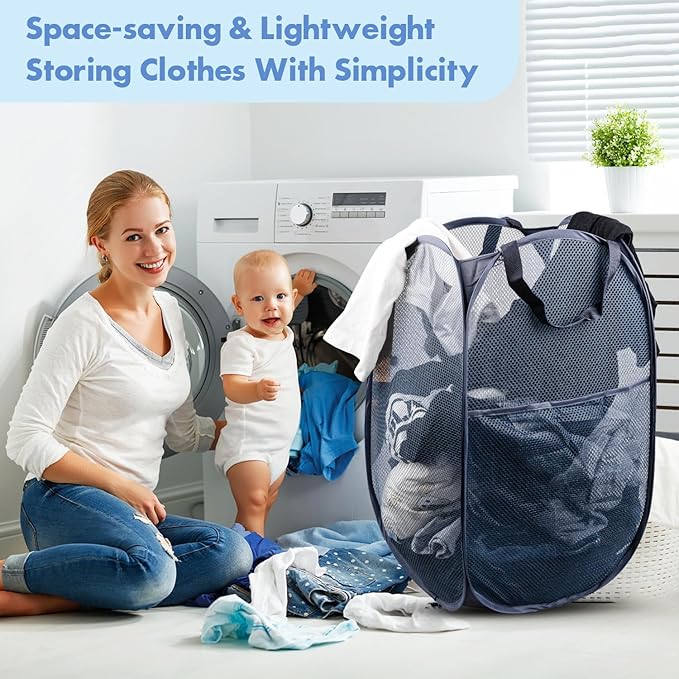 DUCOO Pop Up Hamper, 2 PCS Mesh Pop Up Laundry Hamper, Foldable Mesh Laundry Basket with Space Saving Design for Home, Dorm, Travel and Storage, Blue