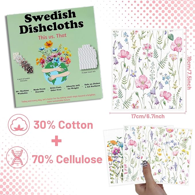 Swedish Dishcloths for Kitchen, 6PCS Wildflower Cellulose Sponge Reusable Paper Towels Washable, Flower Absorbent Fast Drying Swedish Dish Cloth for Home Cleaning