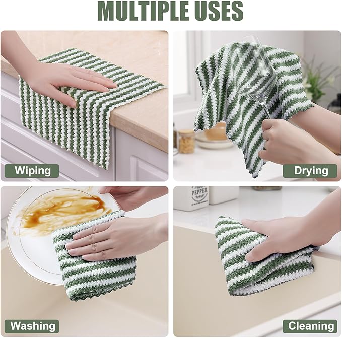 Homaxy 12 Pack Kitchen Dish Cloths, Ultra Soft and Absorbent Dish Towels, Reusable Fast Drying Microfiber Cleaning Cloth, Coral Velvet Wave Design No-lint, 10 x 10 inches, Grass Green