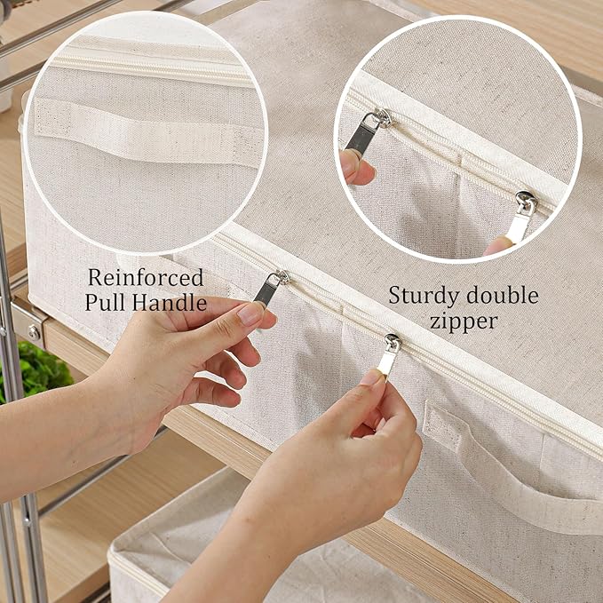 Underbed Storage Box Organizer, Foldable Under Bed Clothes Bags Container, Flat Bins with Lid for Organizing Clothes, Sheets, Blankets, Comforter, 23.6x11.8x5.9in, Beige, 3 Pack
