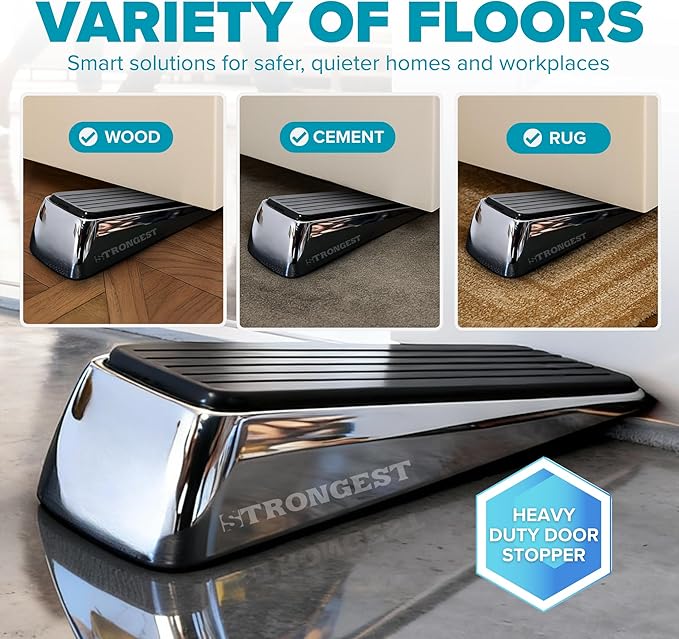 Strongest Home Heavy Duty Door Stopper Wedge (4 Chrome PCs) | Non-Slip Rubber and Metal Door Stop for Heavy Doors | Work on Wood, Tile, Carpet + 4 White Wall Protectors