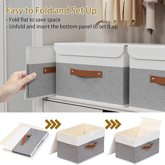 Yawinhe Storage Boxes with Lids, Linen Fabric Bin, Cube Organizer Basket, Washable and Leather Handle, for Home, Closet, White/Grey, 15.0''Lx9.8''Wx9.8''H, 1-Pack, USNK024WGL-1