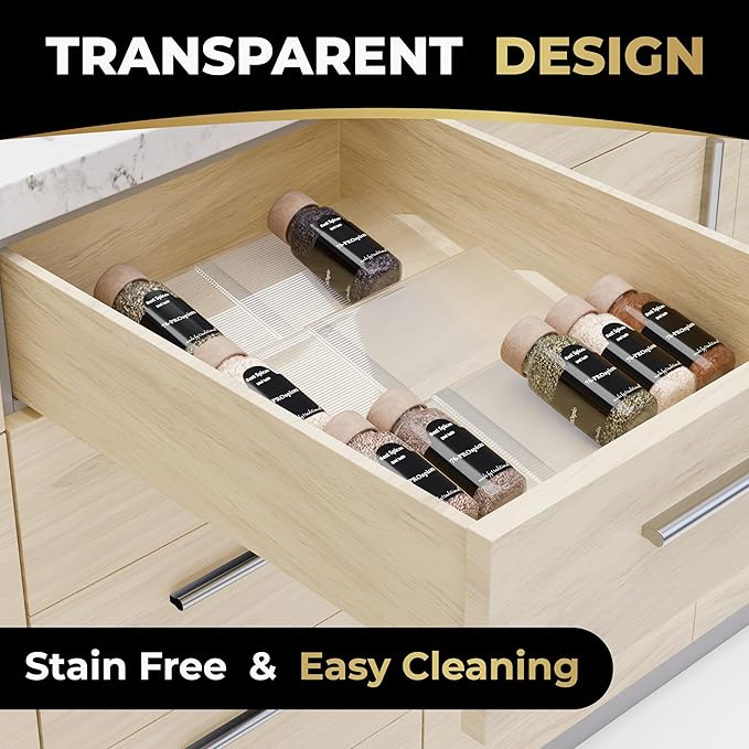 LEVANI Spice Drawer Organizer – 3 Large Tiers, Anti-Slip Grips, Narrow to Standard Drawer Size - Expandable from 8 – 15 inches Wide, Clear Durable Acrylic Spice Rack, No Sliding in Kitchen Drawers