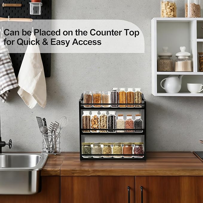 3 Tier Bamboo Spice Rack,Seasoning Jars Rack Shelf Spice Organizer for Kitchen Counter or Wall Mounting (Black)
