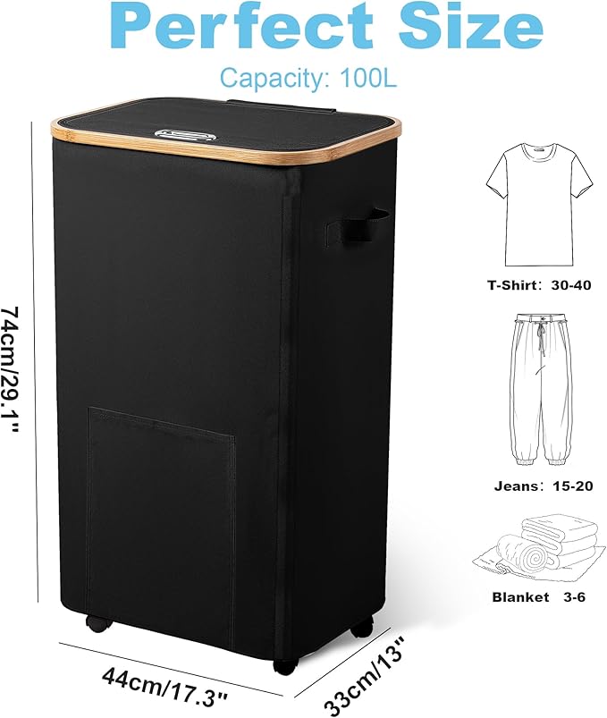 Laundry Basket with Wheels, Tall Dirty Clothes Hamper on Wheels, Rolling Laundry Hamper with lid for Dorm, Bedroom and Bathroom (Black, 100L)