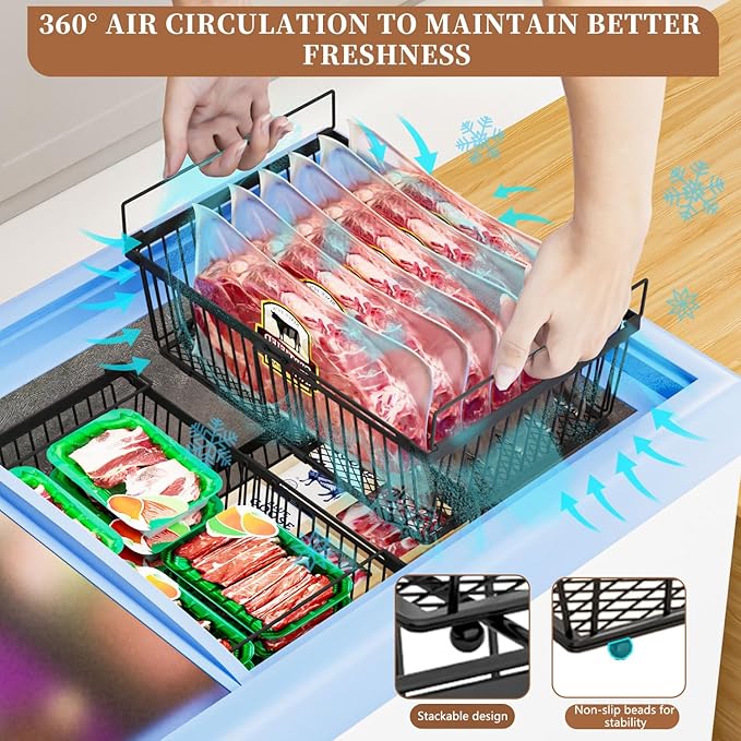 Large Freezer Organizer Bins，Upgraded Bottom Leak-Proof net，Fit 10 to 20 Cu.Ft Deep Freezer，3 Pack， Expandable Stackable Chest Freezer Organizer Bins , for Fridge, Deep Freezer, Cabinet