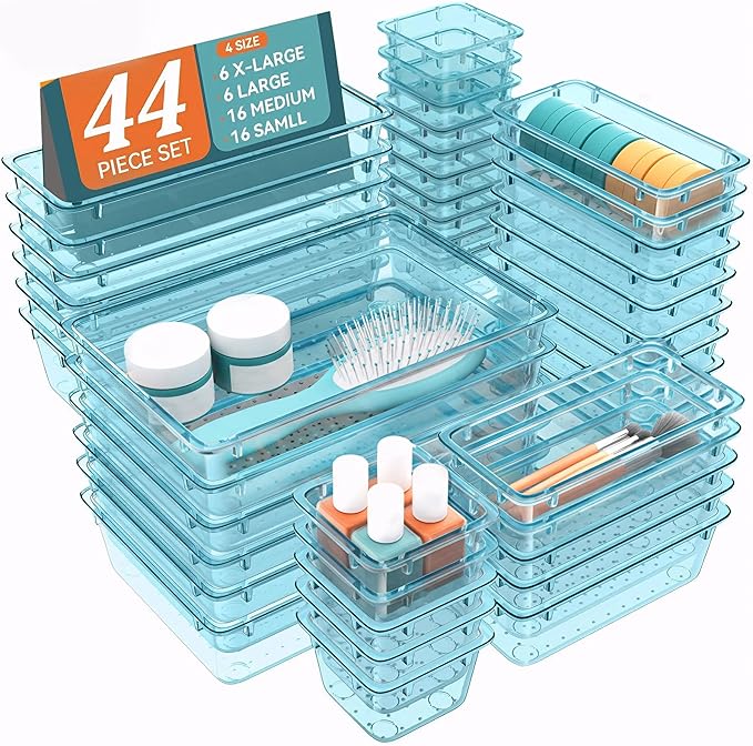 WOWBOX 44 PCS Clear Plastic Drawer Organizer Set, 6 Varied Size storage Bins and Desk Drawer Organizer Trays for Makeup, Gadgets, Jewelry and Utensils in Bathroom, Bedroom and Office, Clear Sea Blue
