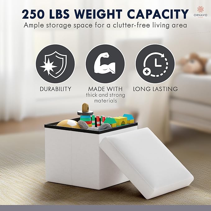 Ornavo Home Small Storage Ottoman, Set of 2 Foldable Collapsible Cube Square Linen Ottoman Foot Rest Stool Seat, for Living Room, Bedroom, Home Office, Dorm - 12 x 12 x 12, White