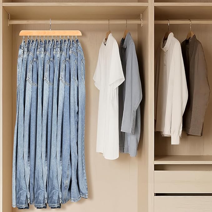 Jean Hangers for Closet, 14 Wood Jeans Hooks Space Saving, 180° Rotating Jean Hangers Holder for Skirts/Shorts/Belts/Ties, Closet Organizers and Storage, Pants Hooks for Jeans, 2 Pack, Natrual
