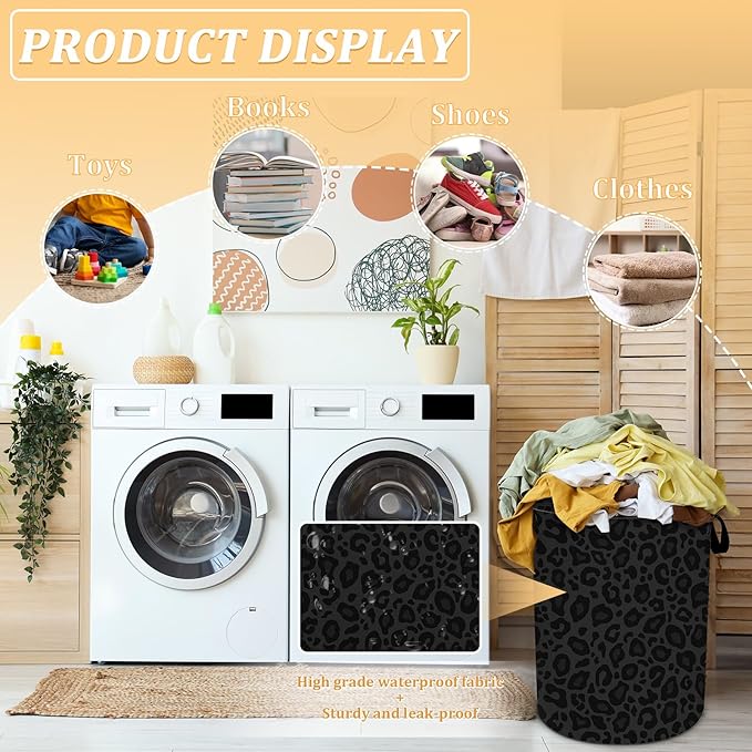 Laundry Hamper, Grey and Black Leopard Print Laundry Basket, Oxford Waterproof Foldable Clothes Storage Bin, Toy Organizer Basket for Bathroom/Household/College Dorms 15.7"x19.6"