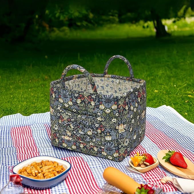 Quilted Fabric Storage Baskets with Handles, Boho Floral Gift Basket Foldable Organizer Bin for Home Decor, Picnic, Travel 12''x10''x10'' (Blue)