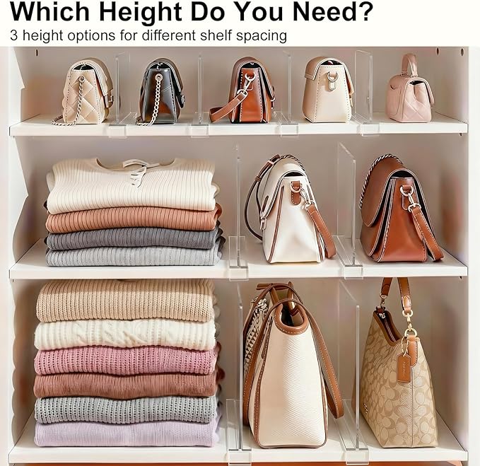 Shelf Dividers Purse Organizer for Closet: 6-inch Tall(Shorter Version) Acrylic Handbag Organizer - Small Space Separator for Clutches Evening Bags Pouches Mini-Bags on Wood Shelves 4-Pack