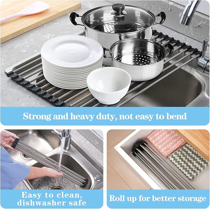 Seropy Roll Up Dish Drying Rack Over The Sink Drying Rack for Kitchen Counter, Folding Dish Rack Over Sink Mat, Stainless Steel Dish Drainer Rack Kitchen Sink Organizer Accessories 17.5"x13.7"