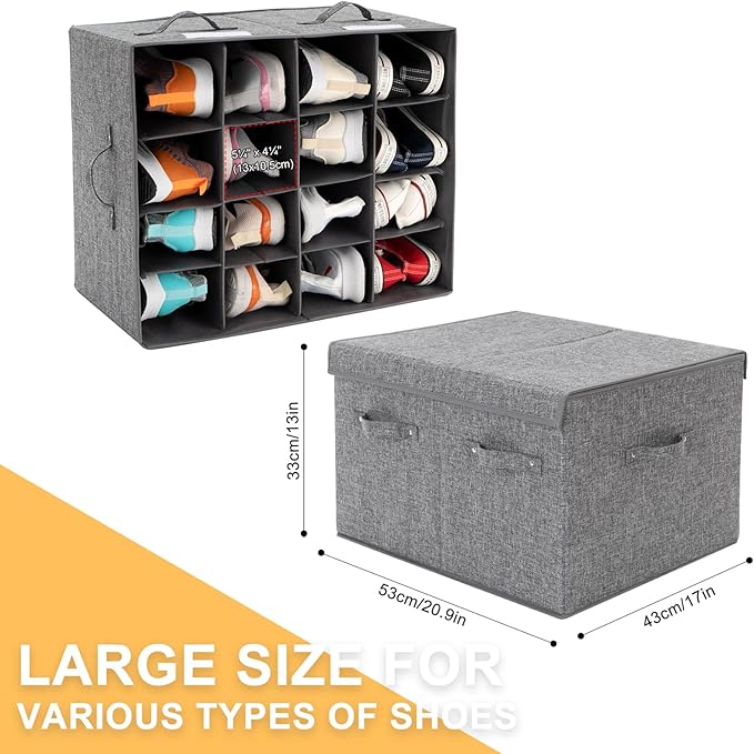 2 Pack Shoe Storage Box Fits 32 Pairs, Large Shoe Organizer with Lid and Adjustable Dividers for Closet, Shoes, Sneakers and High Heeled, Foldable and Stackable (Grey)
