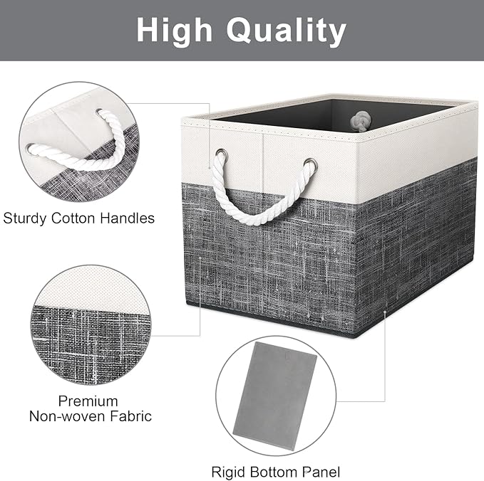 Fab totes Storage Bins [6-Pack], Foldable Storage Baskets for Organizing Toys, Books, Shelves, Closet, Large Storage Box with Rope Handles, Sturdy Organizer Bins, White & Black