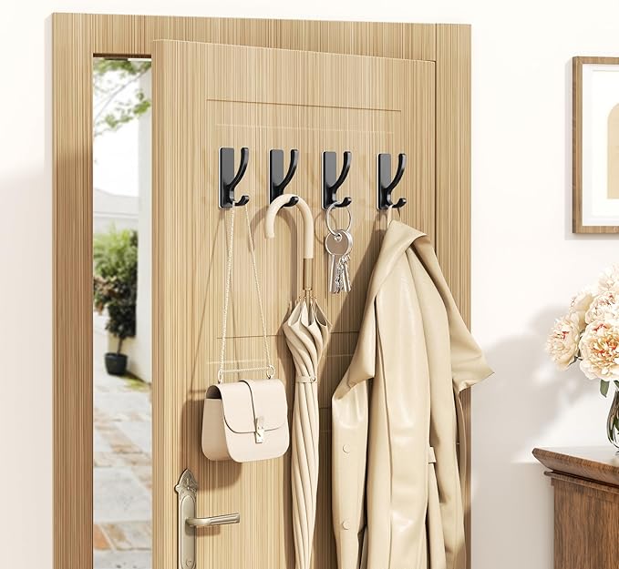 pickpiff Adhesive Wall Hooks for Towels - Sticky Hook Hanging Heavy Duty (13lb), Hanger for Door, Bathroom, Dorm, Closet - for Coats, Purse, Bag, Robe - No Damage to Wall - Black 6 Pack
