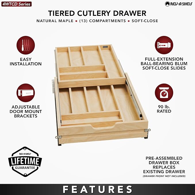 Rev-A-Shelf Two-Tier Kitchen Utensil Drawer Organizer & Pullout Cutlery Tray, Soft-Close Slides, 18" Cabinet Opening, Wood, 4WTCD-21HSC-1