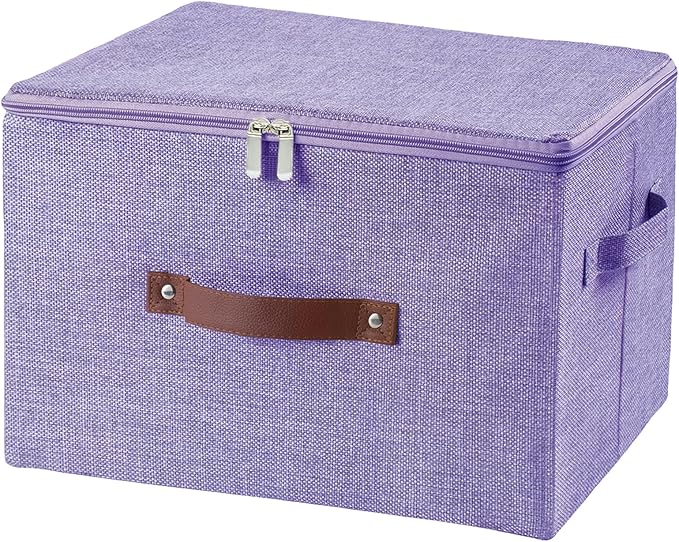 Storage Bins with Zipper Lid Foldable Fabric Lidded Storage Boxes Baskets Cubes Washable Collapsible PU Leather Handle Cotton Linen Shelves Closet Organizer Container(Purple, Large Size)