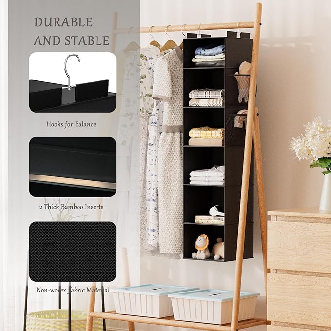 VERONLY Hanging Closet Organizer and Storage with Bamboo Support, 6-Shelf Closet Hanging Storage Shelves, Closet Organizers Easy Mount Foldable for Bedroom(Black)