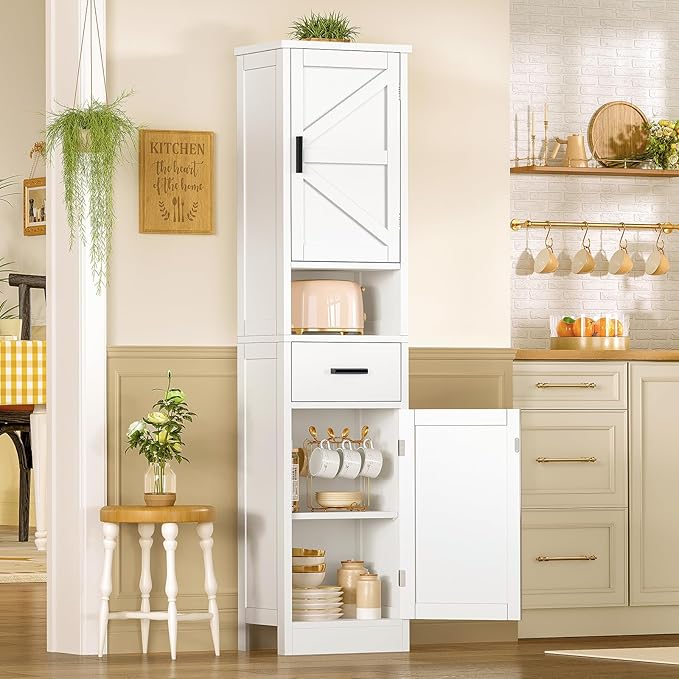 TEENFON 67" H Bathroom Storage Cabinet with Barn Doors & Adjustable Shelves, Bathroom Cabinet with Drawer, Narrow Bathroom Storage Unit, Floor Cabinets for Living Room, Kitchen, White UNSNG091W