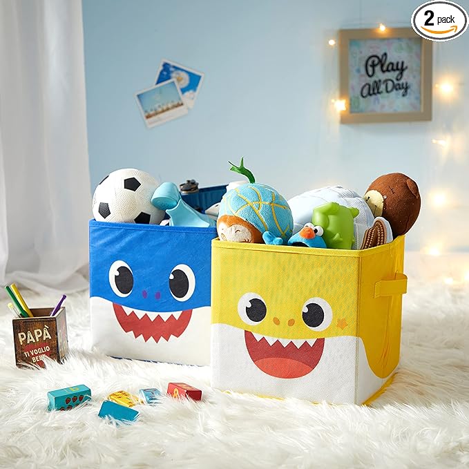 Idea Nuova Baby Shark Collapsible Storage Cubes, Set of 2, 10"x10",Baby Shark Blue/Yellow