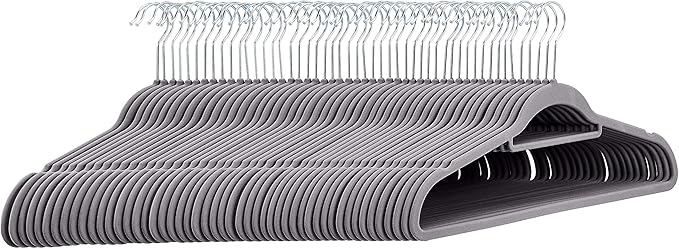 Amazon Basics Space Saving Heavy Duty Non-Slip Velvet Suit Hangers with Horizontal Tie Bar, Sturdy for Clothes Organization and Storage, Dark Gray, 50-Pack
