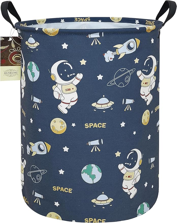 HUNRUNG Laundry Hamper,Large Canvas Fabric Lightweight Storage Basket Toy Organizer Dirty Clothes Collapsible Waterproof for College Dorms（Round-Blue Space Astronaut）