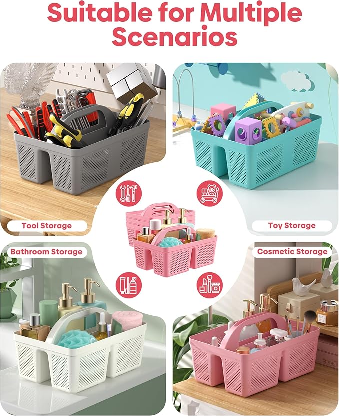 MLIKLU 4 Pack Portable Shower Caddy, Integrated Handle, Reinforced Plastic, Quick-Dry Ventilation Holes, Multi-purpose Storage Basket for Home, Dorm and Bathroom, Kitchen, Under Sink Storage, Pink
