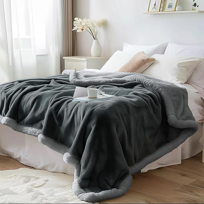 Waterproof Blanket Double Size - Sherpa Fleece Reversible Throw, Soft Warm Leak-Proof Bed & Couch Protector for Kids, Pets & Everyday Spills (Charcoal Grey/Silver Grey, 85x90)