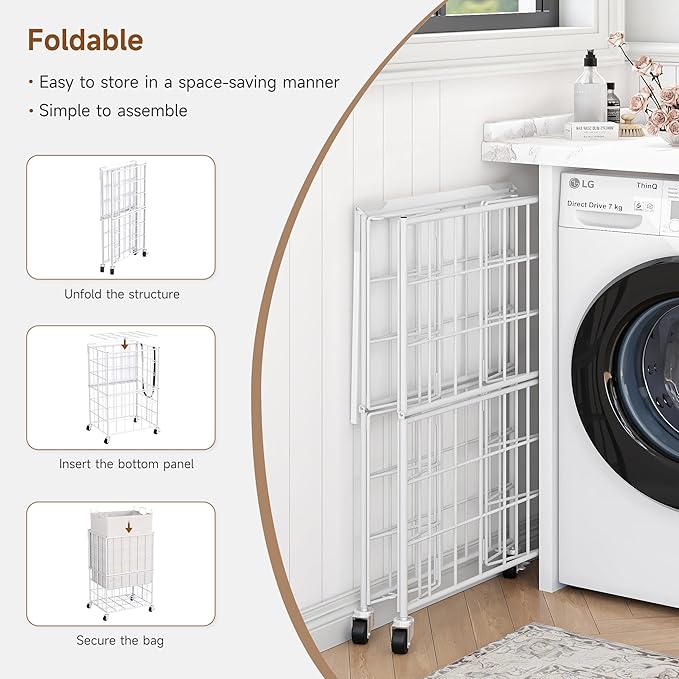 90L Laundry Basket with Wheels, Large Capacity Laundry Hamper with Removable Liner Bags, Heavy Duty Laundry Sorter with Solid Wood Lid & Leather Handles (White) TLH001W01