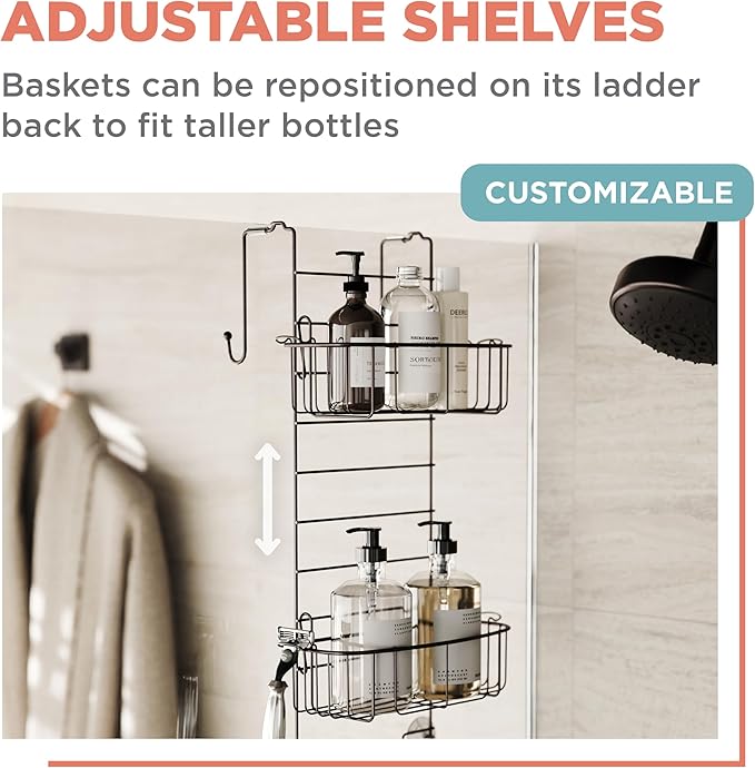 Zenna Home Shower Caddy Hanging Over the Shower Door Organizer, Stainless Steel Rack with 2 Shelves and Built in Hooks, Bathroom Organizer Shelf for Inside Shower, Heritage Bronze