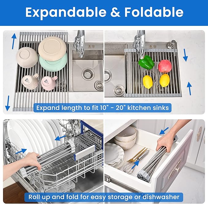 Roll Up Dish Drying Rack, Adjustable Over Sink Dish Drying Rack for Kitchen, 10"-20" Foldable Sink Rack to Dry Dishes & Drain Items, Stainless Steel Over Sink Cover Drying Mat