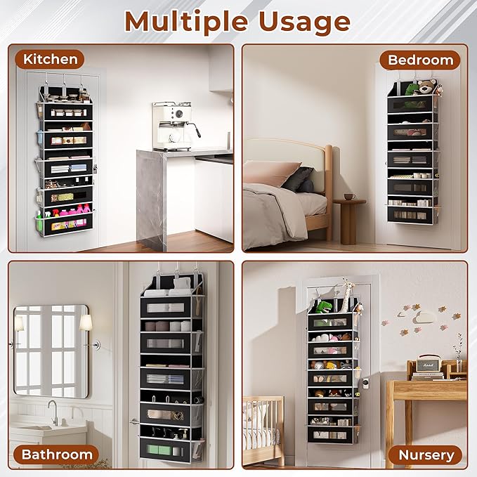 2 Packs 5-Tier Over the Door Storage Organizer with 10 Side Mesh Pockets, 48 lbs Load Capacity, 3 Hooks Design, Hanging Organizer with Clear Windows for Bathroom, Bedroom, Nursery, Kitchen-Black