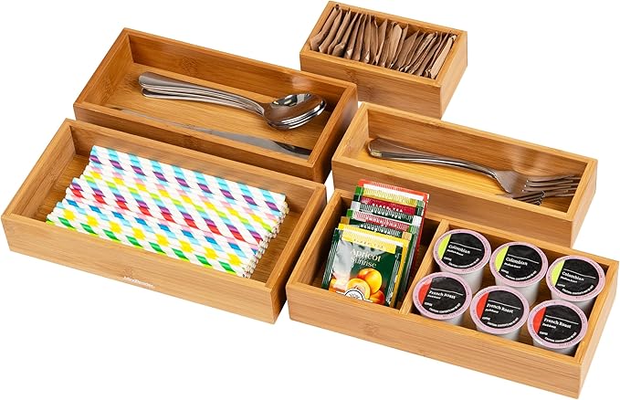 Mind Reader 7-Piece Bamboo Drawer Organizer Set, Storage Trays for Kitchen, Bathroom, Office, Makeup, Jewelry & More, Utensil Holder, Rayon from Bamboo, 21"L x 13.875"W x 2.375"H, Brown