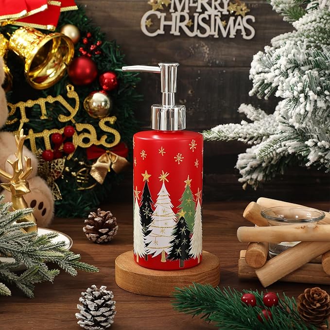 JarThenaAMCS Christmas Soap Dispenser Red Gold Xmas Tree Glass Hand Dispenser with Pump Refillable Liquid Soap Container for Home Kitchen Bathroom Countertop