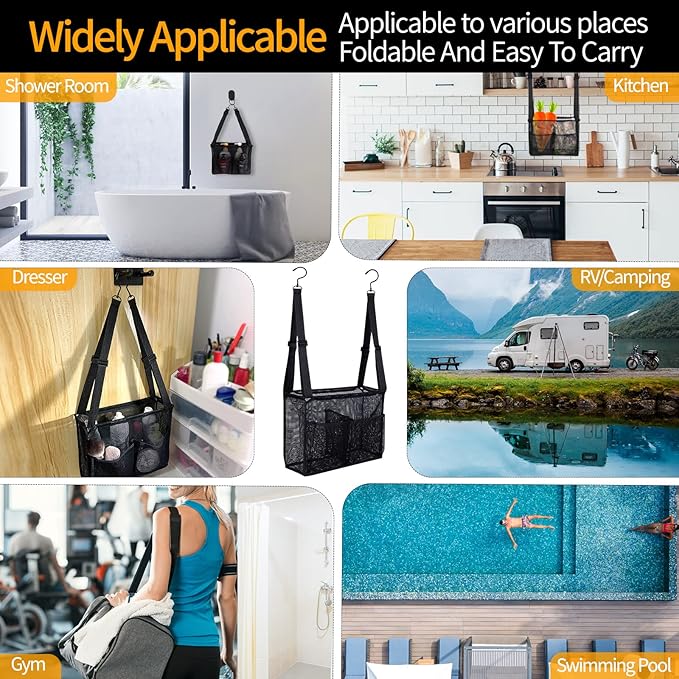 GUMQDD 4 Storage Pockets Adjustable Hanging Mesh Bathroom Bag, Shower Caddy College with Hooks, Applied to College Dorm Rooms, Gym, Swimming and RV Travel (Black)