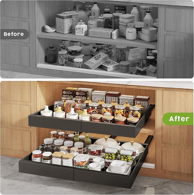 2 Pack Pull Out Cabinet Organizers 16.5" Deep With Raising Pad for Framed Cabinets,Expandable Slide Out Drawers Upgrade 3 Slide Rails,Roll Out Shelves,Adjustable Width 12.1"-20.45" Black