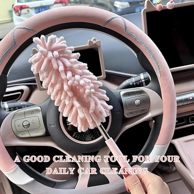 2PCS Car Interior Duster with Extension Pole, 11.8" to 30.5" Retractable Dusters Auto Dash Cleaning Tool, Soft Chenille Hand Washable Dusters for Car Window Furniture Office (Light Pink)
