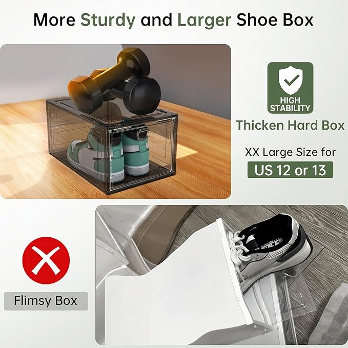 ALCCB Thicken Hard Clear Shoe Storage Organizer for Closet, 12 Pack Modular Plastic Stackable Shoe Storage Box Organizer, Shoe Sneaker Rack Display Case Containers Bins with Lids, Grey
